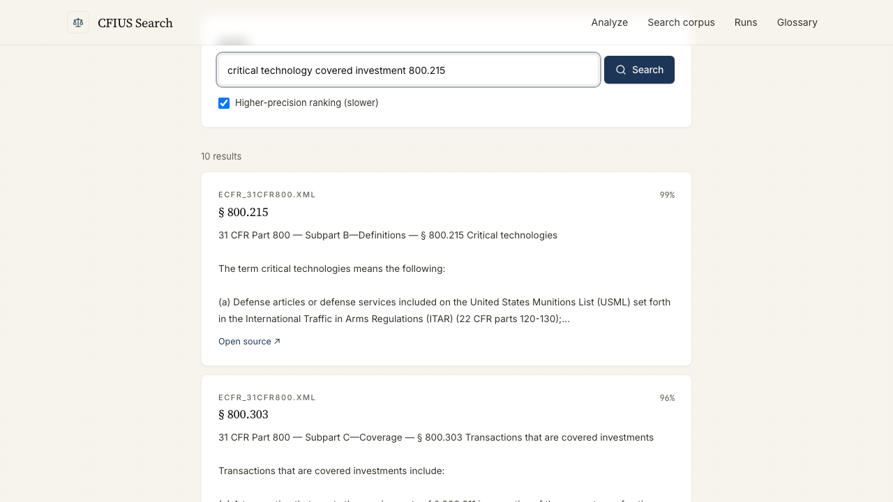 Corpus search results showing § 800.215 critical technologies and § 800.303 covered investments, with relevance scores and Open eCFR deep-links.