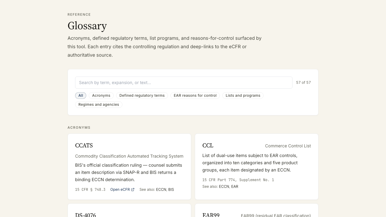 Glossary index showing 57 entries with categories (Acronyms, Defined regulatory terms, EAR reasons for control, Lists and programs, Regimes and agencies) and CCATS / CCL definitions with eCFR deep-links.
